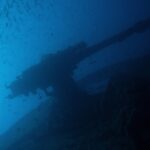 Le canon de poupe du Thistlegorm en silhouette sur le bleu, sous un banc de petits poissons