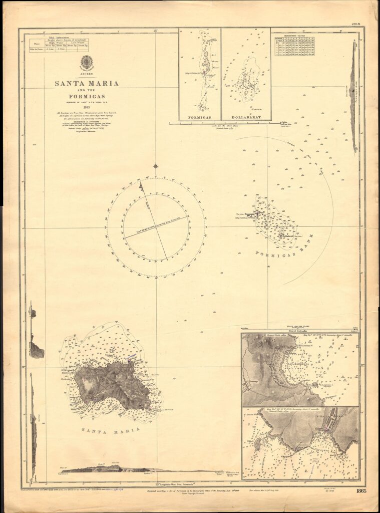 Carte marine ancienne sur papier jauni, avec Santa Maria en bas à gauche, le banc des Formigas et Dollabarat au centre droit criblés de sondes, une rose des vents au milieu et des cartouches des îlots et des baies de l'île