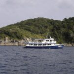 Un bateau de croisière bleu et blanc mouillé devant une île des Similan, ses blocs de granit gris au ras de l'eau sous la forêt