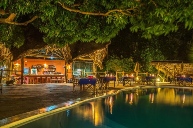 Le bar et les tables aux nappes bleues au bord de la piscine, la nuit
