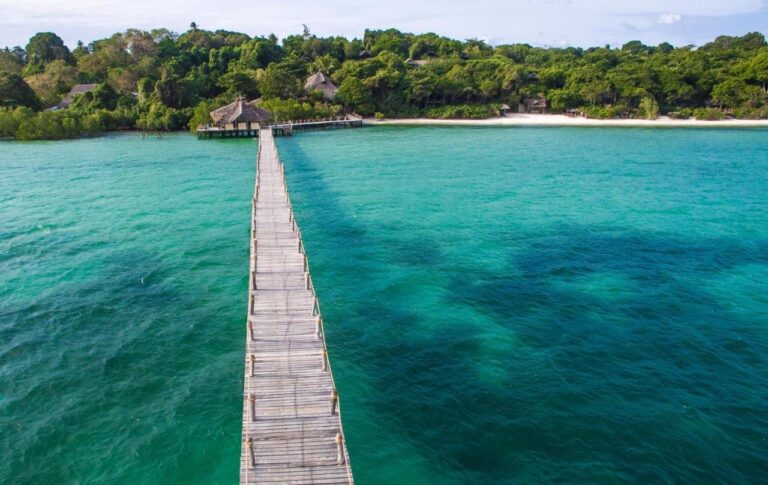 Le long ponton en bois du Fundu Lagoon au-dessus de l'eau turquoise, face à la côte boisée