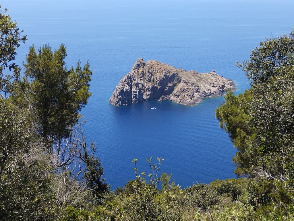 Vue plongeante depuis les hauteurs de Port-Cros, entre des pins et des arbustes, sur l'îlot rocheux et escarpé de la Gabinière posé sur une mer d'un bleu profond, un petit bateau blanc mouillé à ses pieds.