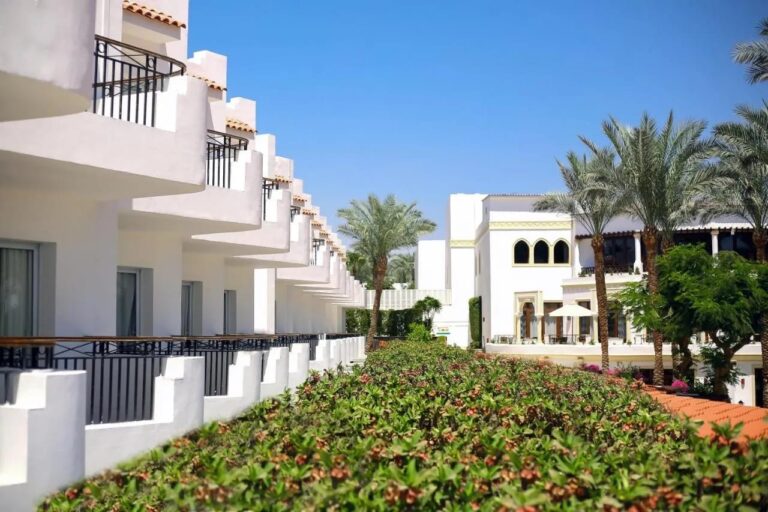 Les bâtiments blancs du JAZ Fanara Resort, leurs balcons et les palmiers, derrière une haie fleurie
