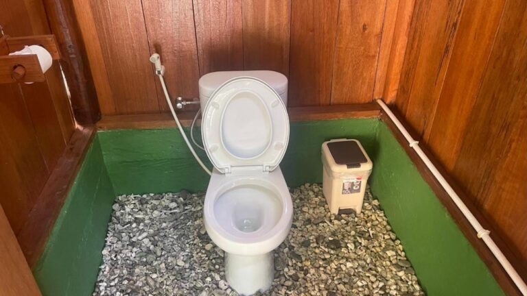Des toilettes aux murs en bois, avec un sol de galets