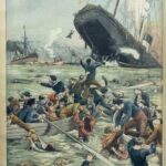 Gravure en couleurs du Liban qui sombre la proue dressée, drapeau tricolore au mât, pendant que des marins hissent dans des canots des passagers tombés à l'eau, sous le titre La catastrophe du Liban, le sauvetage des passagers.