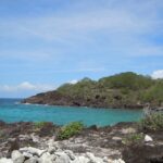 Une anse turquoise abritée par une pointe de roche sombre couverte de broussailles, vue depuis les rochers de l'îlet, sous un ciel bleu