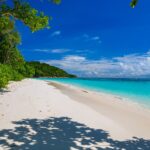 La plage de sable blanc de Koh Tachai bordée d'arbres sous un ciel bleu, l'eau turquoise à droite et une ligne de bouées au large