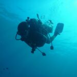 Un plongeur en silhouette vu par en dessous, bouteille, détendeurs et palmes découpés sur l'eau turquoise, ses bulles montant vers la surface éclairée.