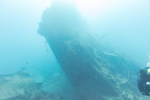 La poupe brisée du Thistlegorm dressée et inclinée dans le bleu, un plongeur sur la droite