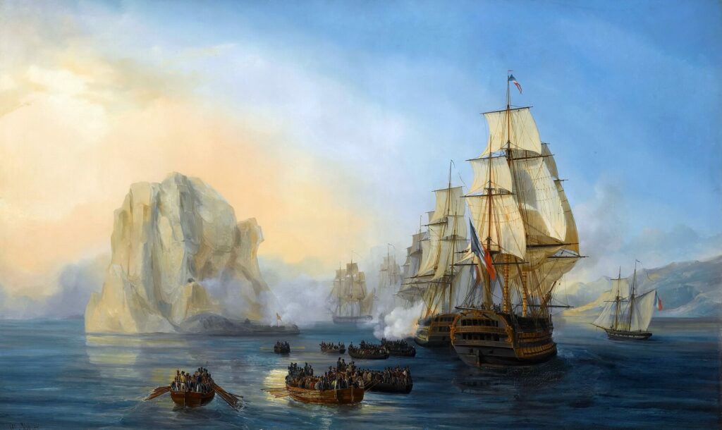 Peinture d'une escadre française toutes voiles dehors qui canonne un grand rocher clair, pendant que des chaloupes chargées de soldats rament vers lui