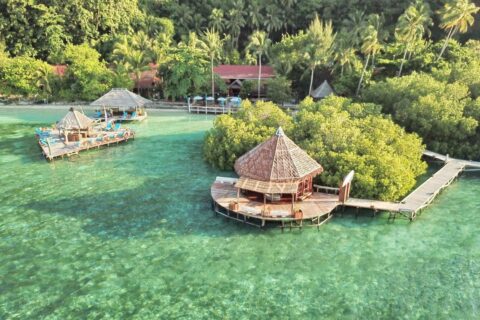 Vue aérienne du Raja Ampat Dive Lodge, ses pontons sur pilotis et ses toits rouges sous les palmiers