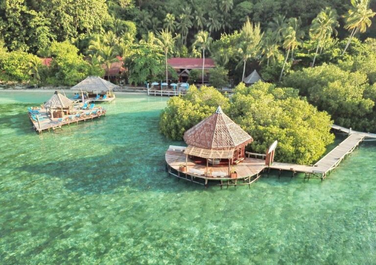 Vue aérienne du Raja Ampat Dive Lodge, ses pontons sur pilotis et ses toits rouges sous les palmiers