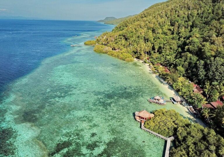 Vue aérienne de la côte boisée, avec les toits du lodge le long de la plage et l'eau turquoise