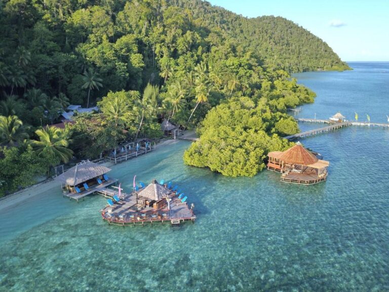 Les pontons du Raja Ampat Dive Lodge au pied d'une colline couverte de forêt