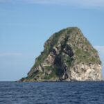 Le Rocher du Diamant vu de près depuis la mer, une masse de roche grise creusée de grottes, striée de blanc et coiffée de végétation, au-dessus d'une mer bleu foncé