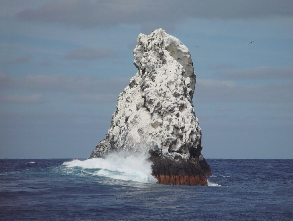 Le pic nord-ouest de Roca Partida, blanc de guano, vu du bateau, une vague qui éclate à sa base et des oiseaux en vol au-dessus