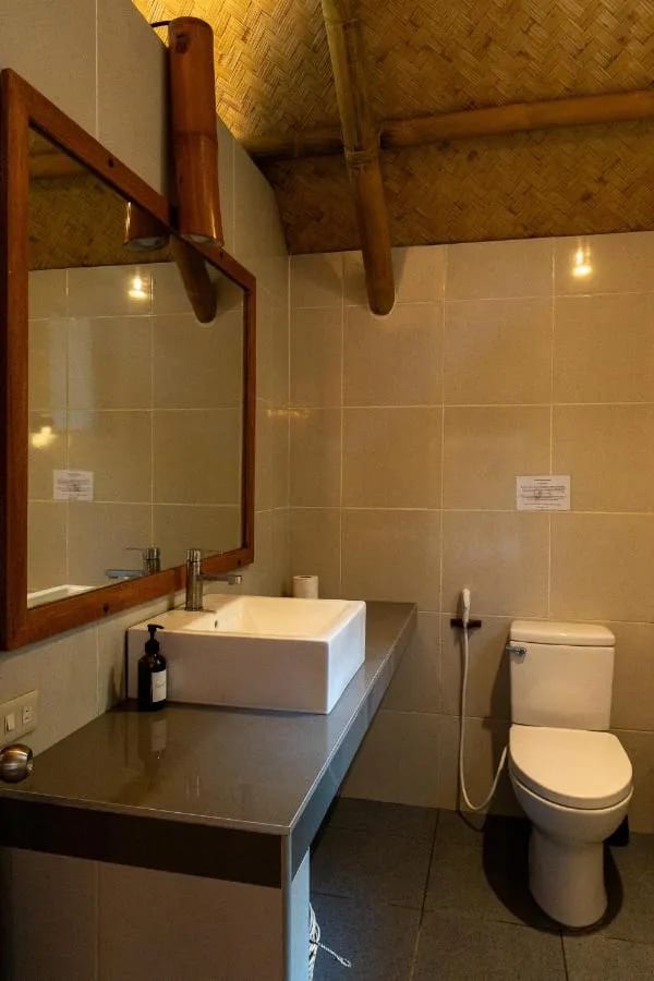 Une salle de bains avec une vasque posée sur un plan gris, un miroir encadré de bois et des toilettes