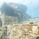 Les superstructures de l'avant du Thistlegorm couvertes de coraux durs, vues du pont