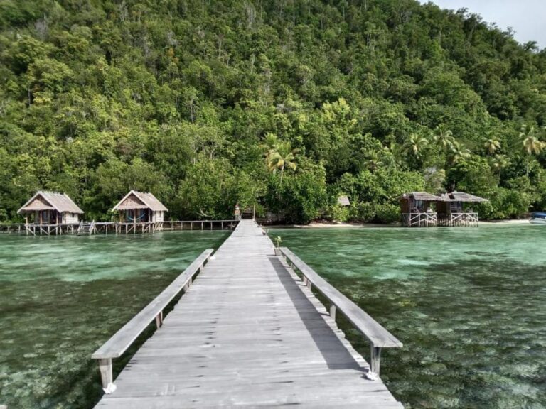Un long ponton à bancs qui mène à la rive, entre les bungalows du Terimakasih Homestay