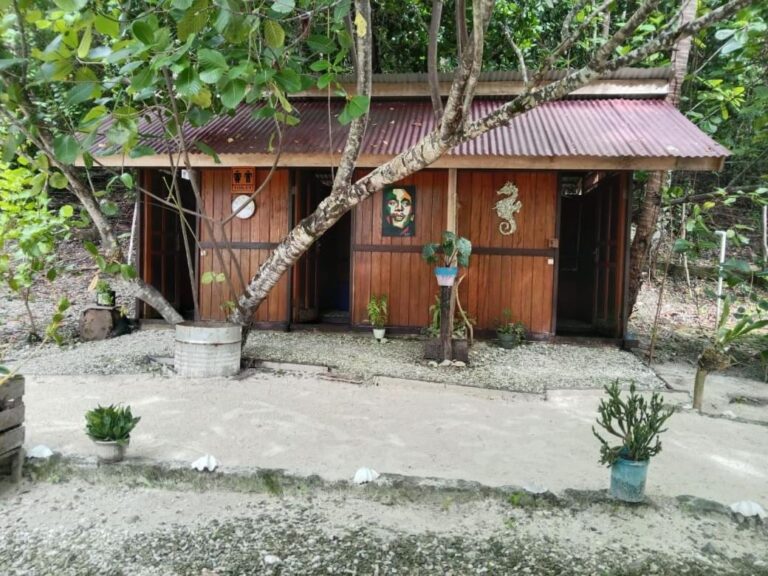 La cabane des toilettes, en bois, sous les arbres, avec un hippocampe décoratif