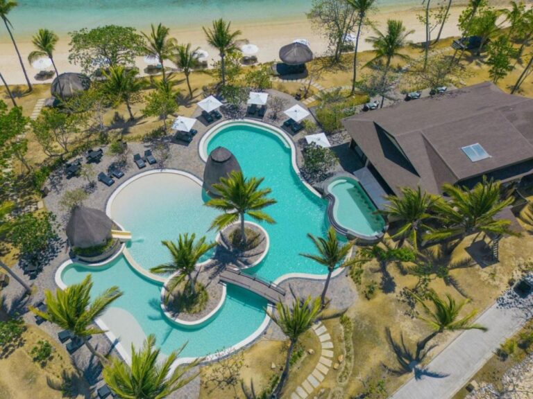 Vue du ciel de la piscine, de ses îlots plantés de palmiers et de sa passerelle