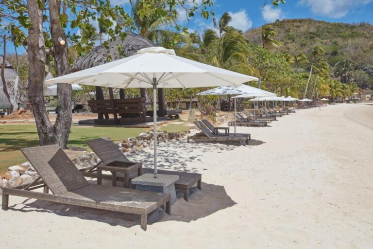Des transats et des parasols blancs alignés sur la plage de sable, sous les arbres