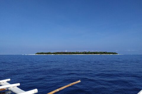 L'île plate et boisée de Balicasag à l'horizon, avec son phare blanc et sa frange de sable clair, vue d'une bangka dont les balanciers blancs occupent le premier plan, sous un ciel bleu sans nuage.