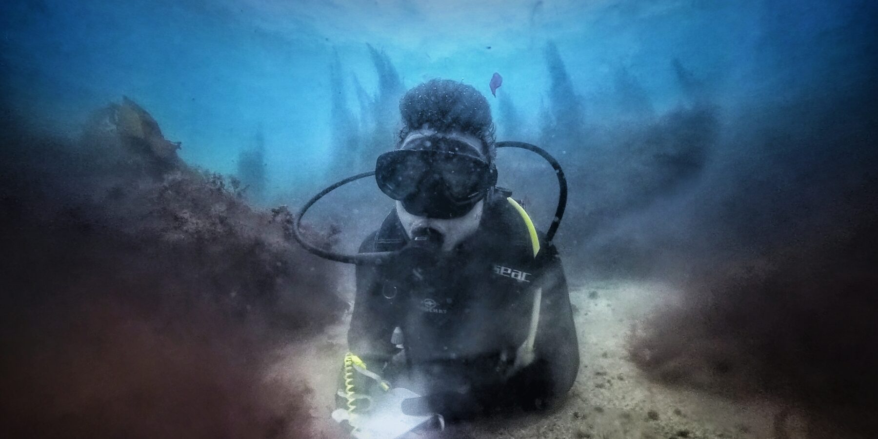 Un plongeur en combinaison noire, allongé sur un fond de sable entre deux rochers couverts d'algues brunes, écrit sur une ardoise blanche, des silhouettes de laminaires se découpant dans le bleu derrière lui.